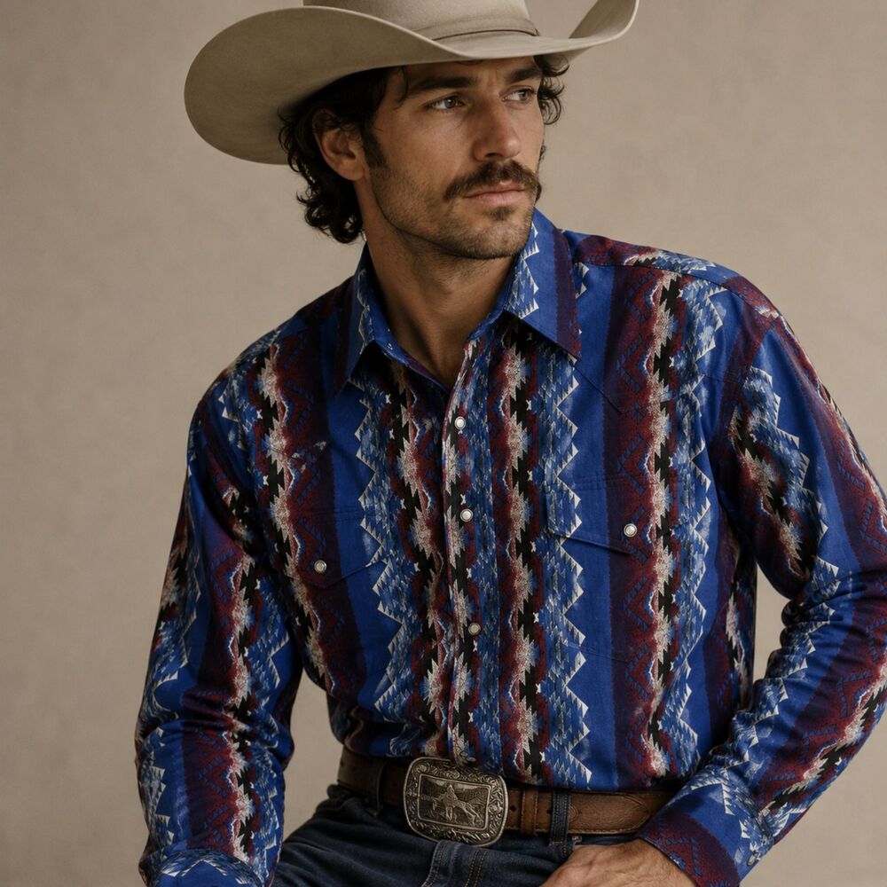 Vintage Wrangler Western Shirt Men L Blue Aztec Pearl Snap Cowboy Rodeo 90s